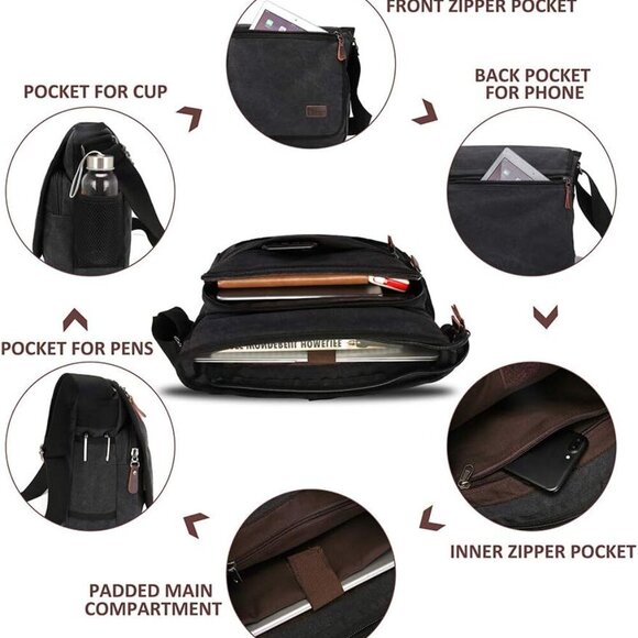Messenger Bag for Men, 13 Inches Laptop Satchel Bags, Canvas Shoulder Bag with B - Picture 4 of 7